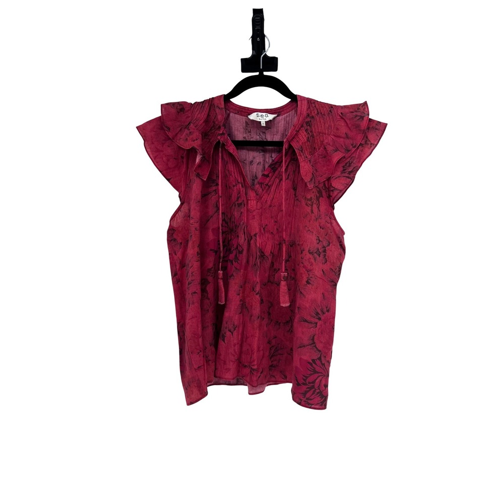 Sea New York Burgundy Floral Ruffle Cotton Blouse Top Size 2 Red